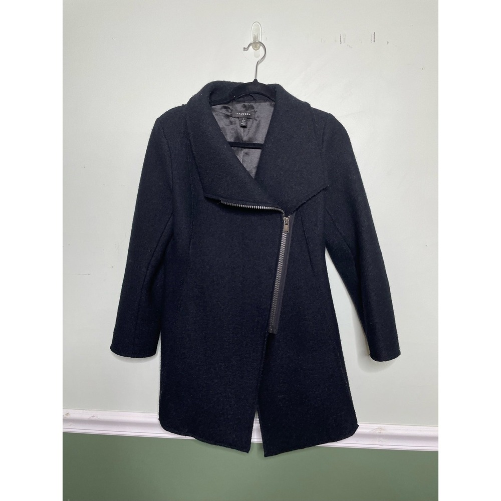 Halogen Wool Coat Jacket Mid Length‎ Asymmetrical Zip Black Petite Warm Winter S - Picture 2 of 13